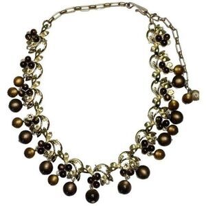 Vintage Brown Glass Cluster Beaded Gold Tone Statement Choker Necklace 17”